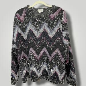 Vintage 80s Textured Zig Zag Black Pink Chenille Rodger Thornton L B1019